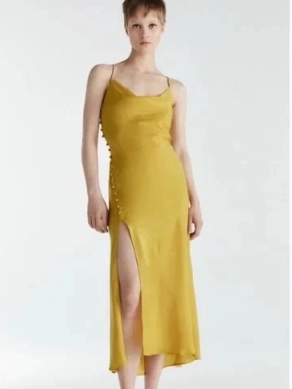 Zara Mustard Slip Midi Dress with Side Buttons